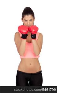 Attractive girl with boxing gloves isolated on a white background