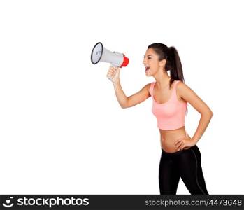 Attractive girl with fitness clothing and megaphone isolated on a white background