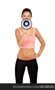 Attractive girl with fitness clothing and megaphone isolated on a white background