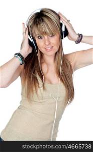 Attractive girl with headphone listening music isolated on white background