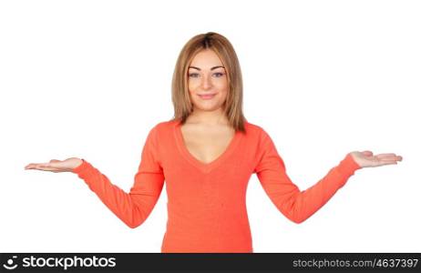 Attractive girl with her arms extended isolated on white background
