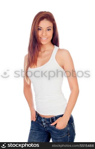 Attractive girl with jeans isolated on a white background