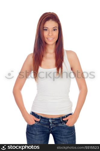 Attractive girl with jeans isolated on a white background