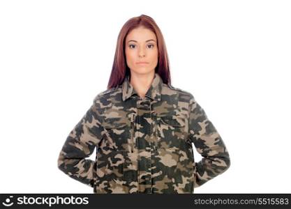 Attractive girl with military style jacket isolated on a white background