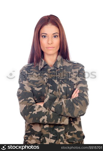 Attractive girl with military style jacket isolated on a white background