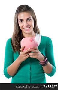 Attractive girl with money box a over white background