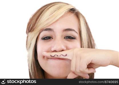 Attractive girl with mustache, using her finger