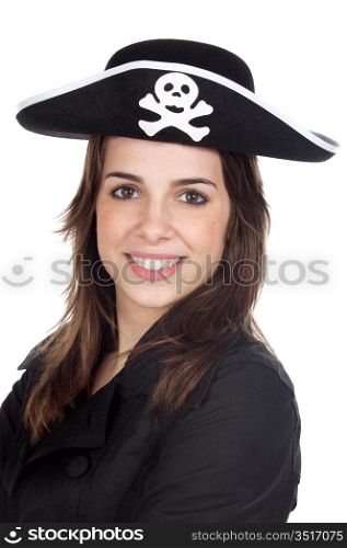 Attractive girl with pirate hat over white background