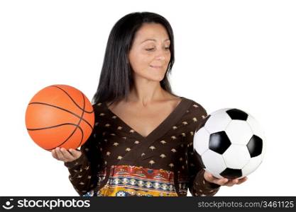 Attractive girl with soccer and basket ball isolated on white background