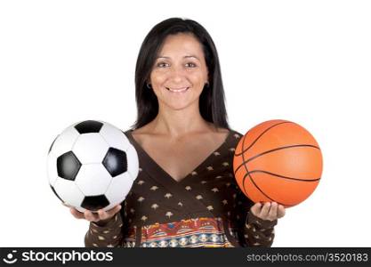 Attractive girl with soccer and basket ball isolated on white background