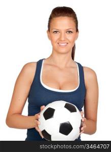 Attractive girl with soccer ball isolated on a over white background