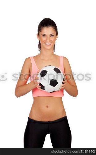Attractive girl with soccer ball isolated on a white background