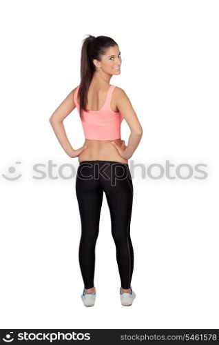 Attractive girl with sports clothes back isolated on a white background