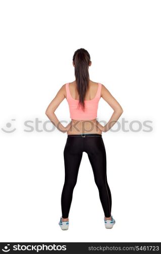 Attractive girl with sports clothes back isolated on a white background