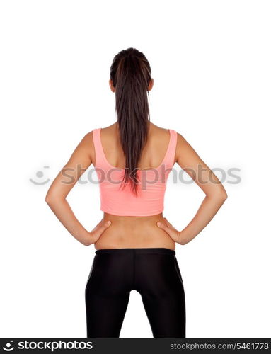 Attractive girl with sports clothes back isolated on a white background