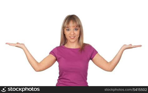 Attractive girl with the arms extended isolated on white background