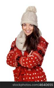 Attractive girl with with wool hat and scarf isolated on white background