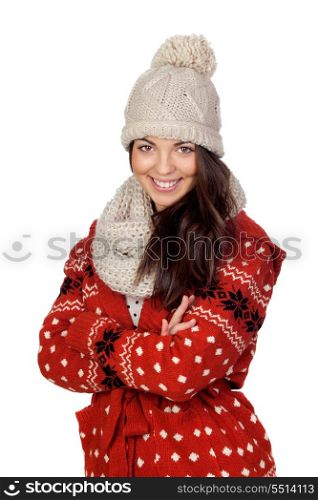 Attractive girl with with wool hat and scarf isolated on white background
