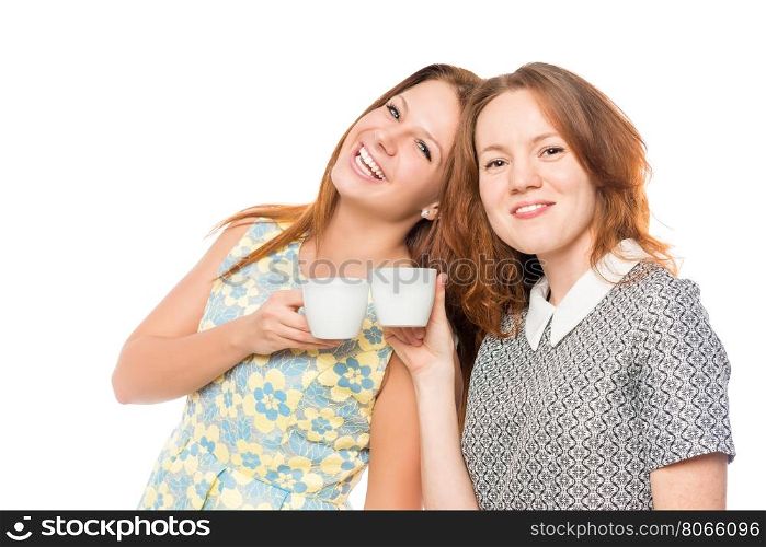attractive girlfriends with coffee on a white background posing