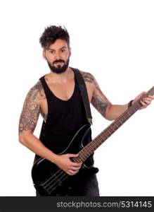Attractive guy in black playing electric bass isolated on a white background