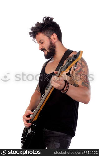 Attractive guy in black playing electric bass isolated on a white background