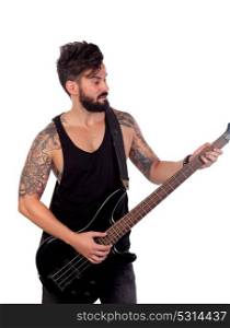 Attractive guy in black playing electric bass isolated on a white background