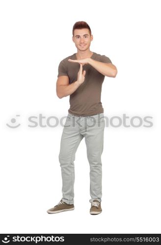Attractive guy with spiky hair gesturing time-out isolated on white background