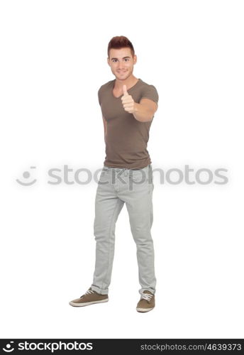 Attractive guy with spiky hair saying Ok isolated on white background