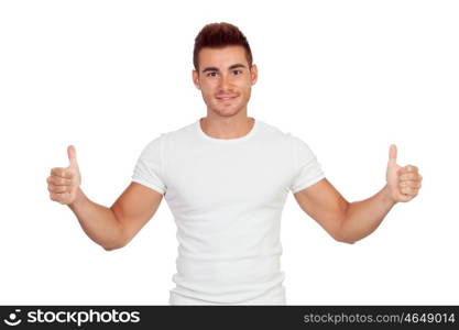 Attractive guy with spiky hair saying Ok isolated on white background