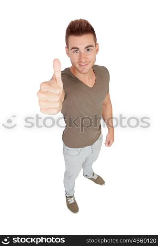 Attractive guy with spiky hair saying Ok isolated on white background