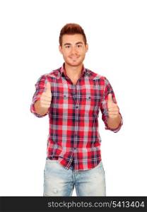 Attractive guy with spiky hair saying Ok isolated on white background