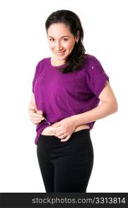 Attractive happy diabetic woman injecting insulin in her belly for health, isolated.