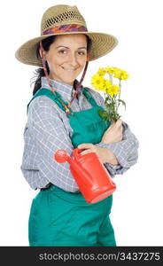 attractive happy woman dressed gardener a over white background