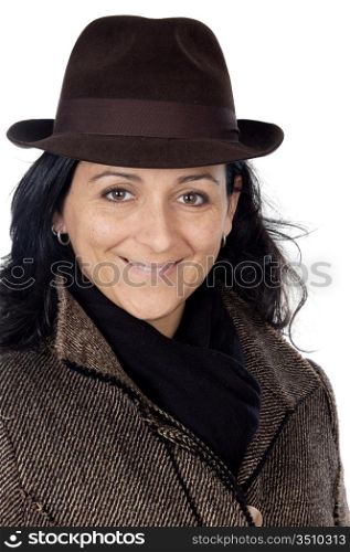 attractive lady sheltered for the winter a over white background