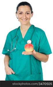 Attractive llady doctor and apple a over white background