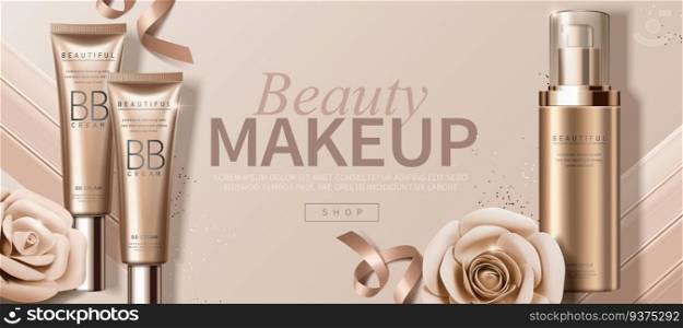 Attractive makeup banner ads with paper roses and foundation product in 3d illustration. Attractive makeup banner ads