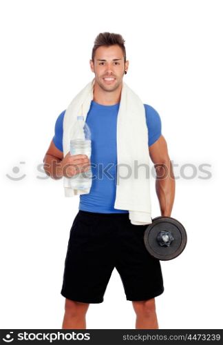 Attractive man drinking during training isolated on a white background