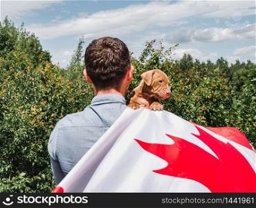 Attractive man holds a charming puppy on a background of blue sky on a clear, sunny day. Outdoor, close-up. National holiday concept. Handsome man and a charming puppy. Close-up