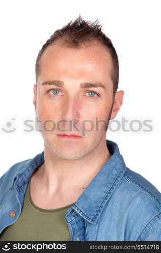 Attractive man with denim shirt isolated on white background