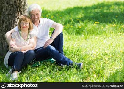 Attractive married senior couple enjoying togetherness sitting under the tree at spring meadow. Senior couple enjoying togetherness