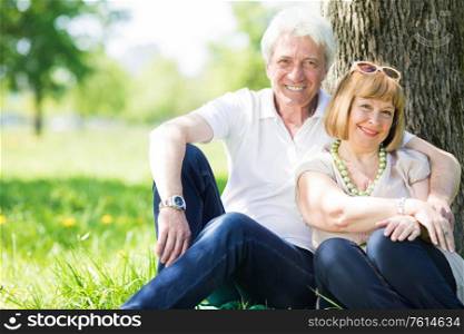 Attractive married senior couple enjoying togetherness sitting under the tree at spring meadow. Senior couple enjoying togetherness