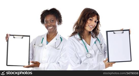 Attractive medical team of woman a over white background