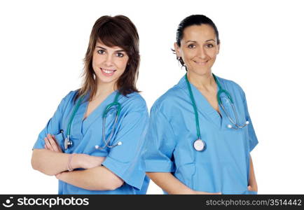 Attractive medical team of woman a over white background