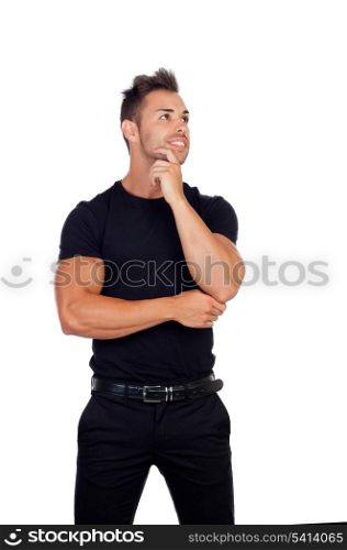 Attractive men in black thinking isolated on a white background