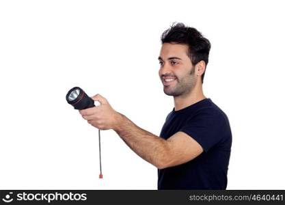 Attractive men in black with a flashlight looking for something on white background