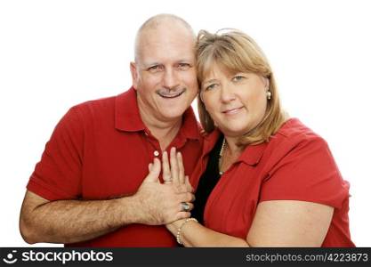 Attractive middle aged couple in love. Isolated on white.
