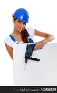 Attractive model with drill and poster