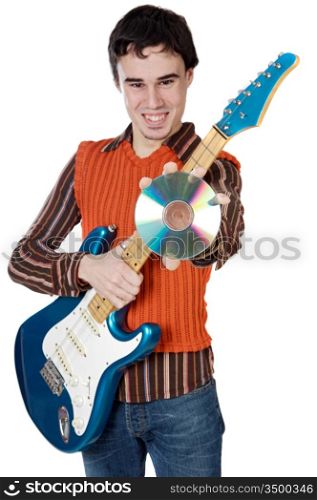 attractive musical young person a over white background with the focus in the disk