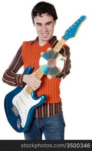 attractive musical young person a over white background with the focus in the disk