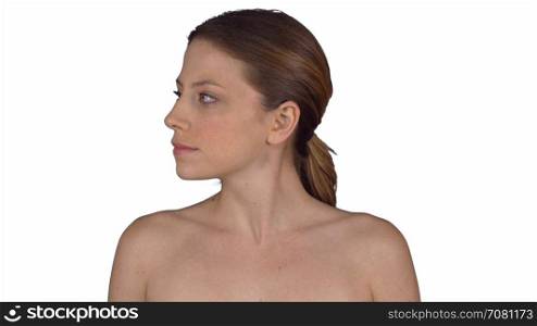 Attractive natural female turns and looks at camera (White Background)